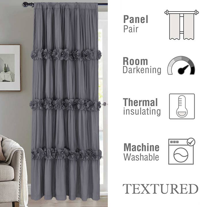 HIG - Wholesale Curtain - Farmhouse Ruffle Window Curtains with Blackout Liner Handmade Bow Ties Drapes 2 Panels Set, 54"W x 84"L24