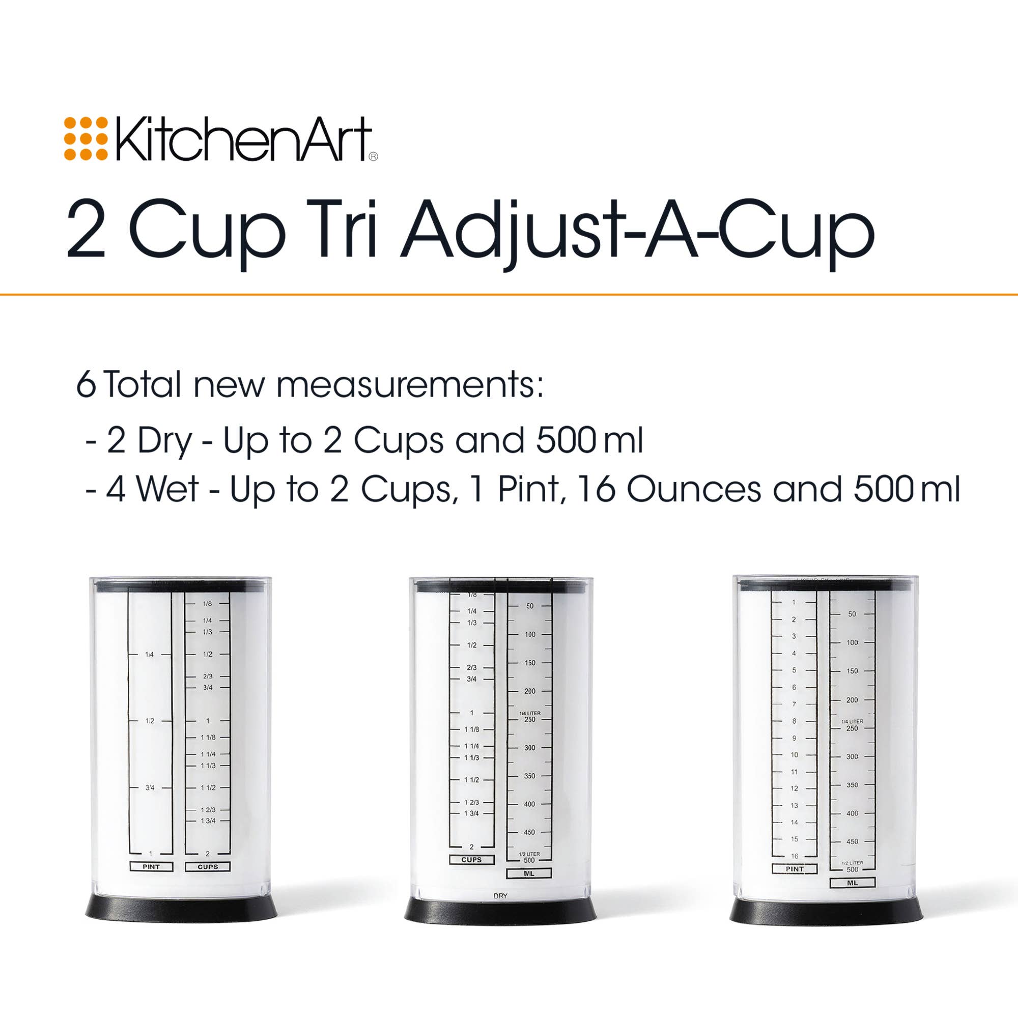 Fox Run Brands - Vendita all'ingrosso Bicchiere/tazza graduata - KitchenArt 2 Cup Tri Adjust A-Cup, misurino, 3,25" x 6"7