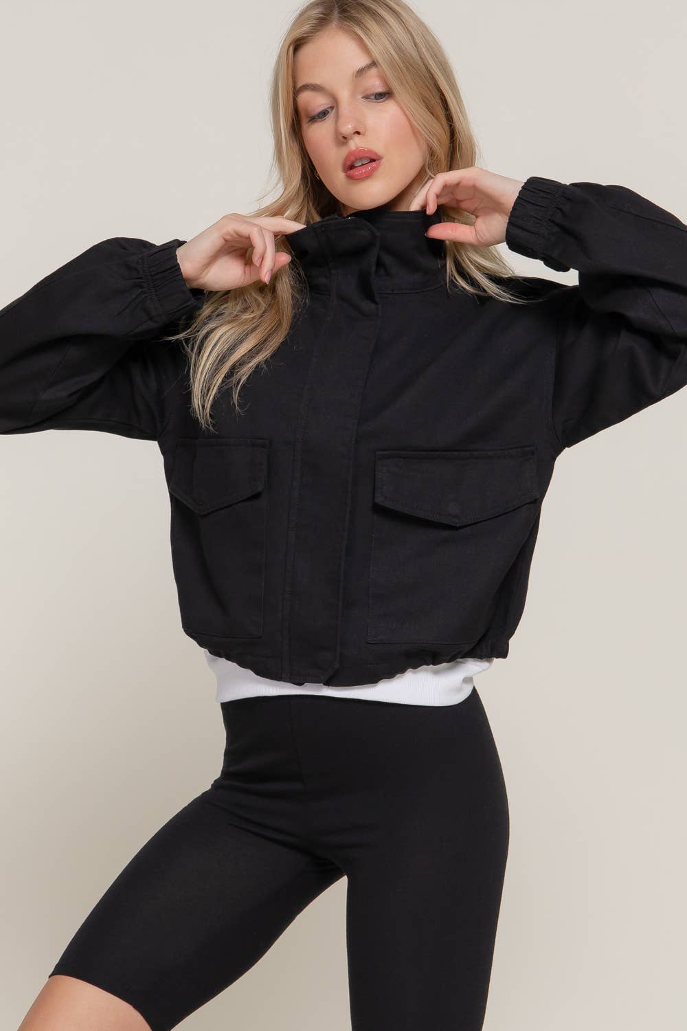 Active Basic | Active USA – wholesale Jacket – Women's – Long Sleeve High Neck Zip Up Short Twill Jacket3