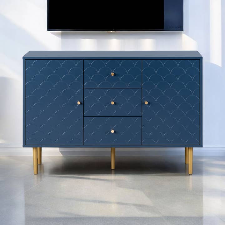 Urban Meuble - Wholesale Cabinet - High sideboard with 2 doors and 3 navy blue drawers with scale pattern H82/B120/T40 AIKETS12