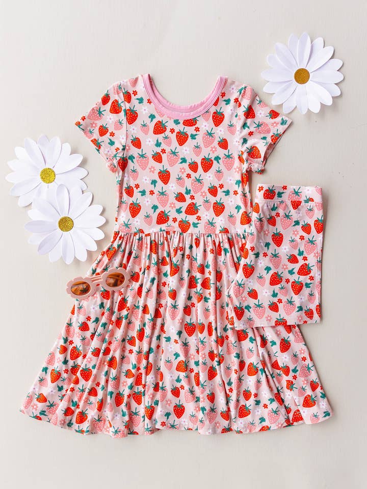 Bamboo Short Sleeve Twirl Dress with Short Set- Strawberry for wholesale by Little Grey