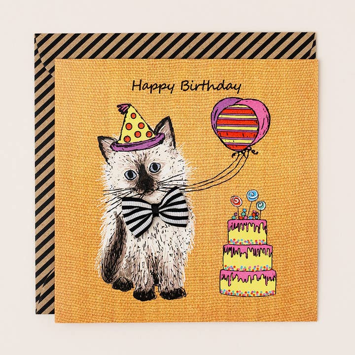Fluffy Party Kitten Birthday card for wholesale by Apple & Clover