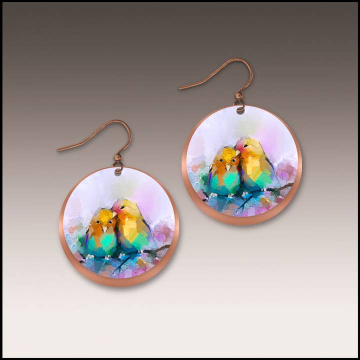 Lovebirds Copper Halo Disc Earrings for wholesale by Illustrated Light & DC Designs