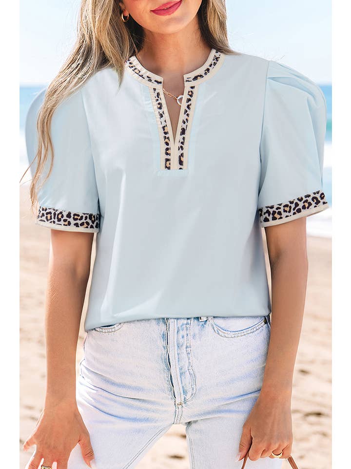 As shown Contrast Leopard Trim Puff Sleeve Blouse | S-XL for wholesale on Faire