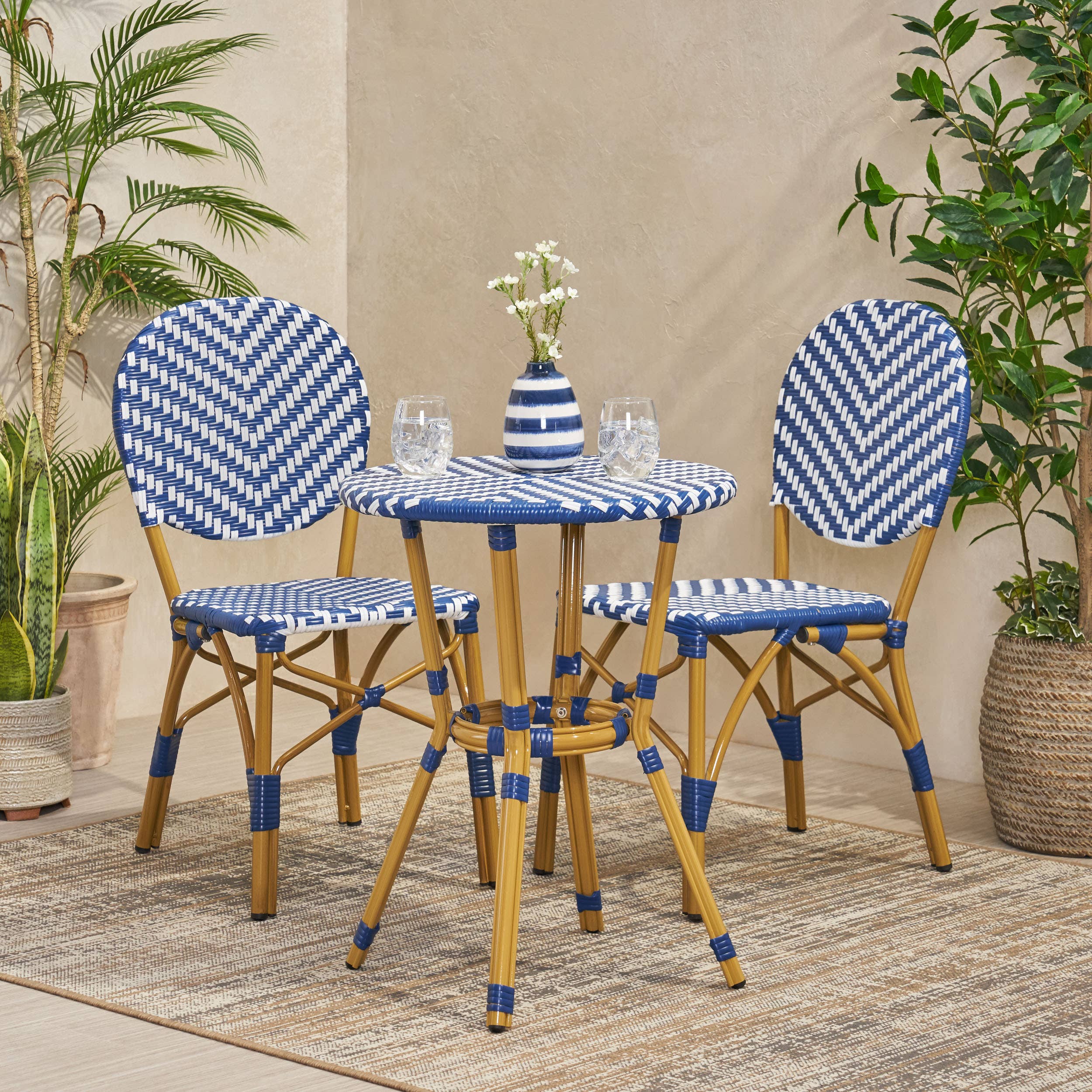 Navy Blue Aluminum 3-Piece French Bistro Set with Bamboo Finish for wholesale on Faire2