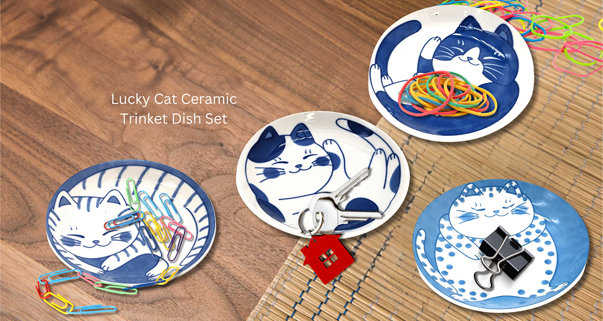 Original Source - Wholesale Jewelry Dish - Lucky Cat Ceramic Trinket Dish Set1