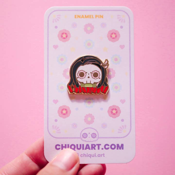 Nezuko Skull Gold Plated Hard Enamel Pin for wholesale by Chiqui Art