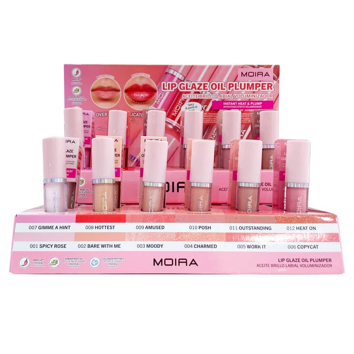 Expositor Moira Cosmetics com 48 unidades de Lip Glaze Oil Plumper para lábios por atacado de Moira Cosmetics