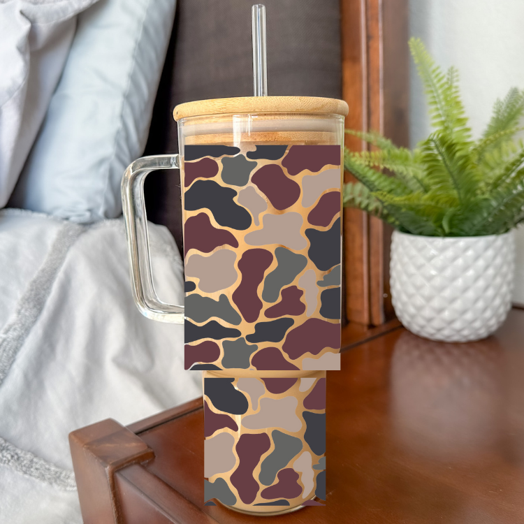 SKS Design Studio - Wholesale Drinking Glass/Cup - Old School Camo | UVDTF | 40 oz Glass Tumbler with Bamboo Lid & Straw1
