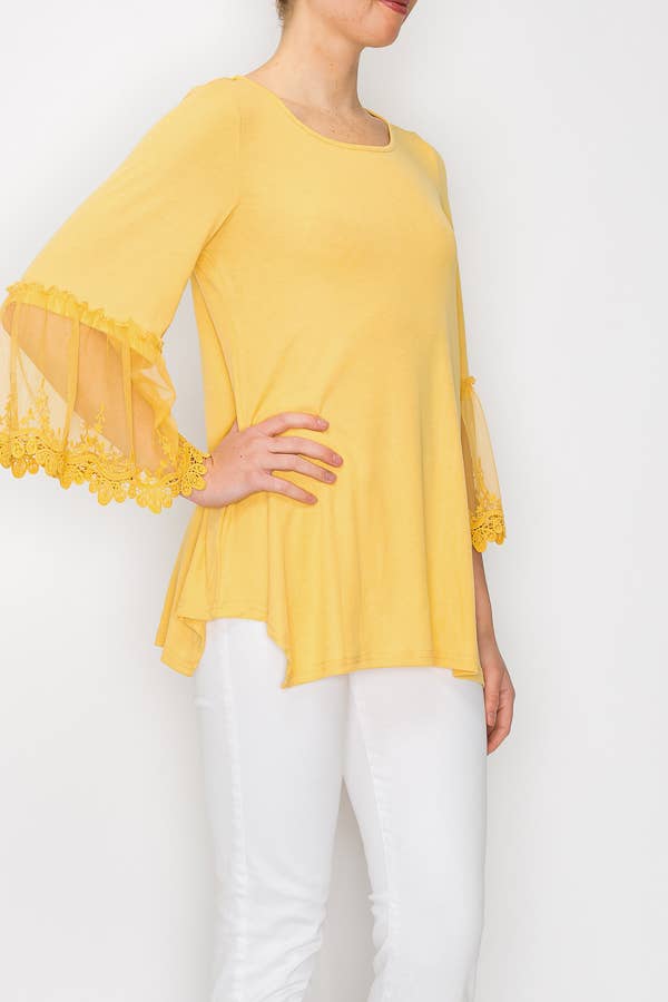 Origami Apparel ~  Lace and Crochet inspired - Venta al por mayor Túnica - Mujer - TOP TÚNICA CON ADORNOS DE ENCAJE EN LAS MANGAS-4480MOSTAZA2