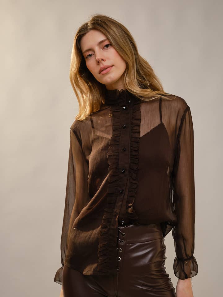 23785T Mock Neck Ruffle Cape Blouse for wholesale by Blue B