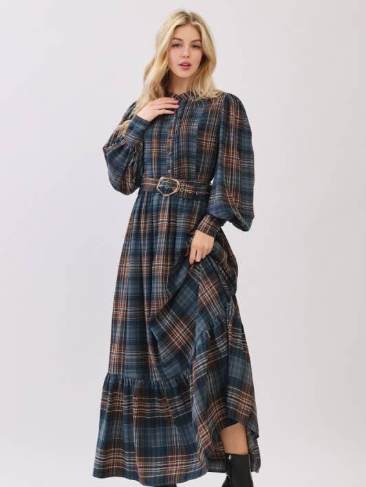 Robe maxi boutonnée à manches longues bouffantes à carreaux pour la vente par MintChoco