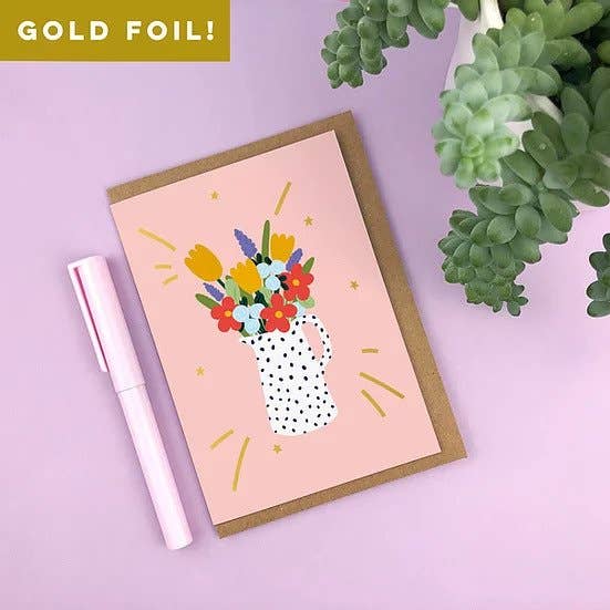 Gold Foiled Flowers im Krug Blank Grußkarte für den Großhandel von Zoe Spry