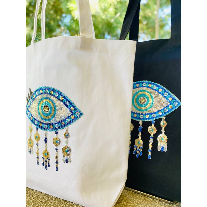 Evil Eye Canvas Tote Bags with Sequins Eyes for wholesale by Karens Line