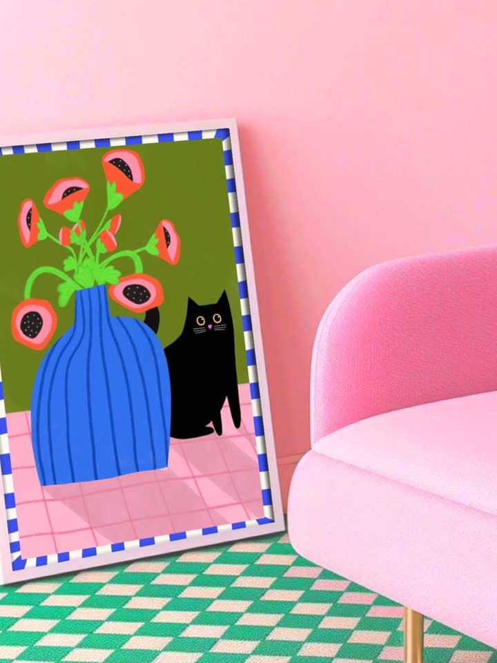 Black Cat and Poppies Colourful Art Print for wholesale by The Paper Tail