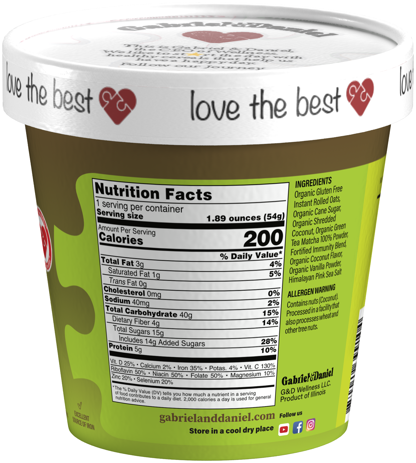 Gabriel & Daniel Wellness Oatmeals - Vente Avoine - Pack de 24 tasses de flocons d'avoine instantanés bio SS - Matcha & Noix de coco1