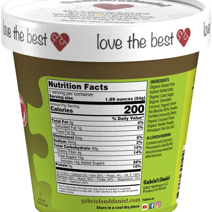 Gabriel & Daniel Wellness Oatmeals - Wholesale Oats - Organic SS Instant Oatmeal Cup - Matcha & Coconut - 24 pack1