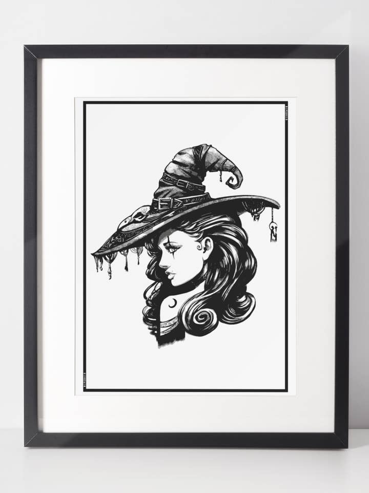 Witch Lady Greyscale Art Print on Smooth White Cardstock for wholesale by Ripsovia