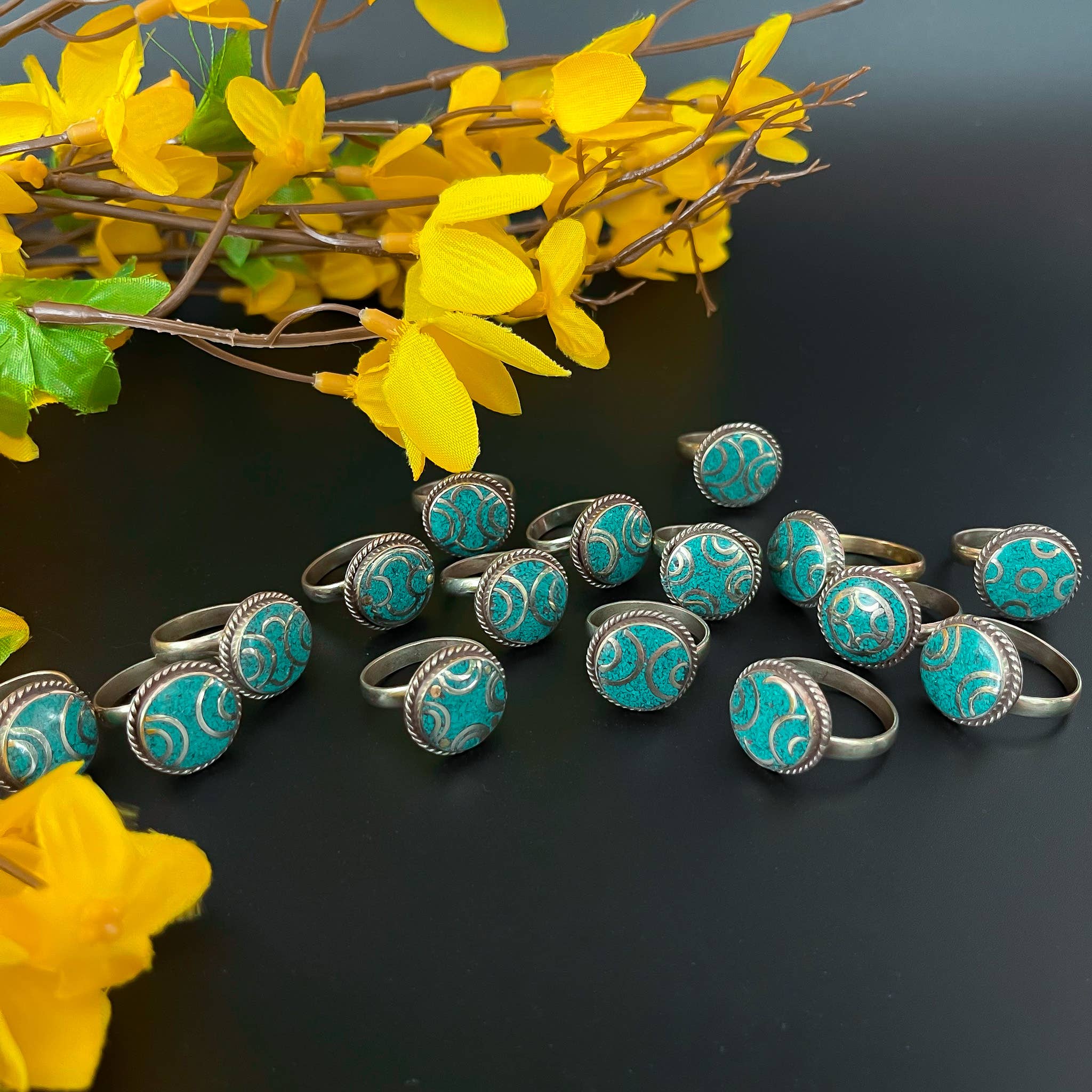 Karma Nepal Crafts - Wholesale Cocktail/Statement Ring - Round Gemstone Turquoise Coral Boho Rings8