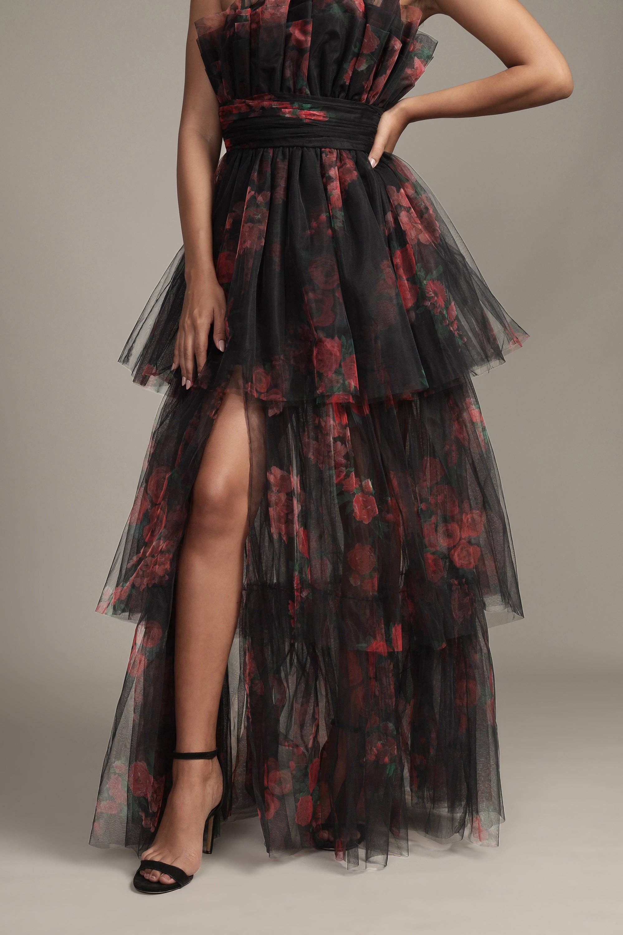 Natalia Tulle Maxi Dress in Black and Red Floral for wholesale on Faire10