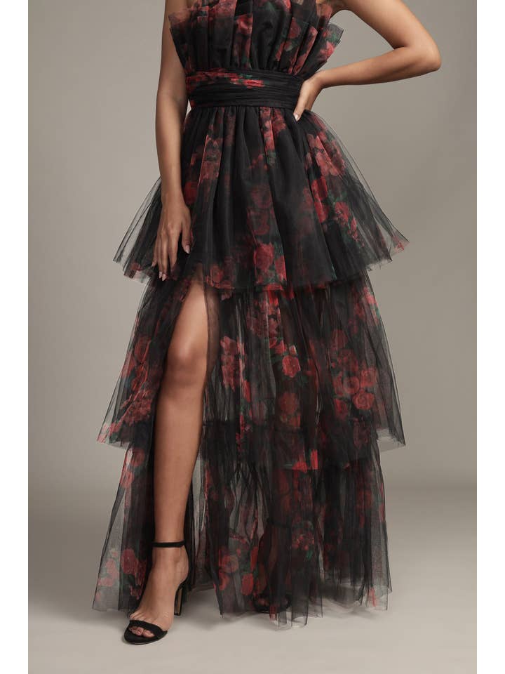 Natalia Tulle Maxi Dress in Black and Red Floral for wholesale on Faire10