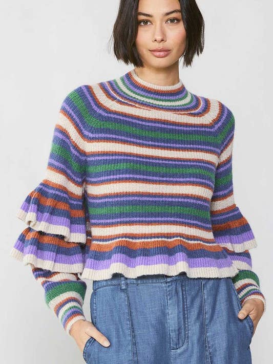Stripe Pattern Mock Neck Ruffled Sweater for wholesale by Current Air