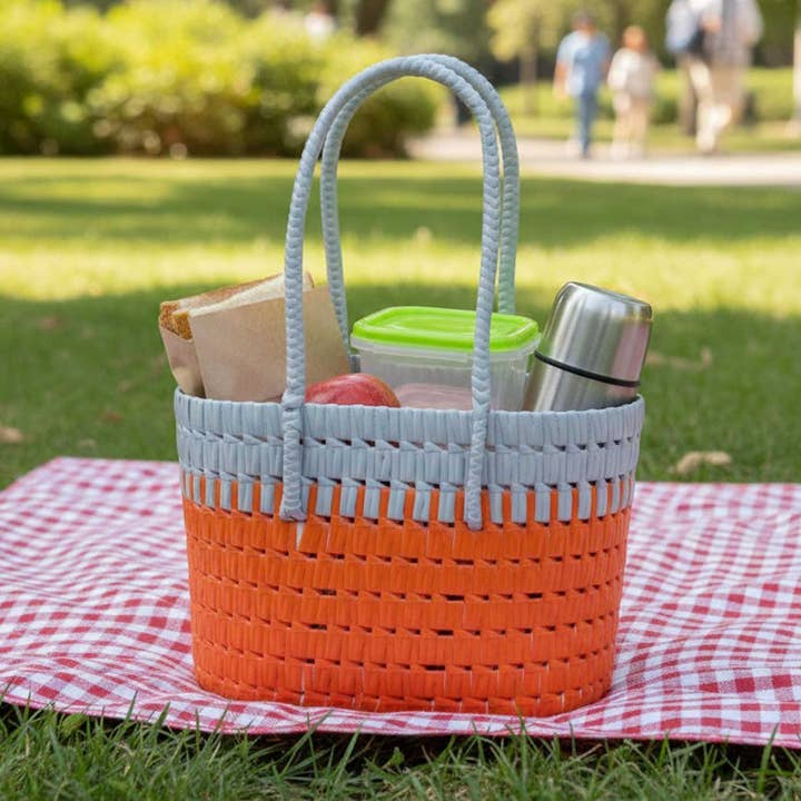 Bolsa de almuerzo Koodai hecha a mano de cinta plástica con alambre, gris y roja para venta al por mayor de Zwende
