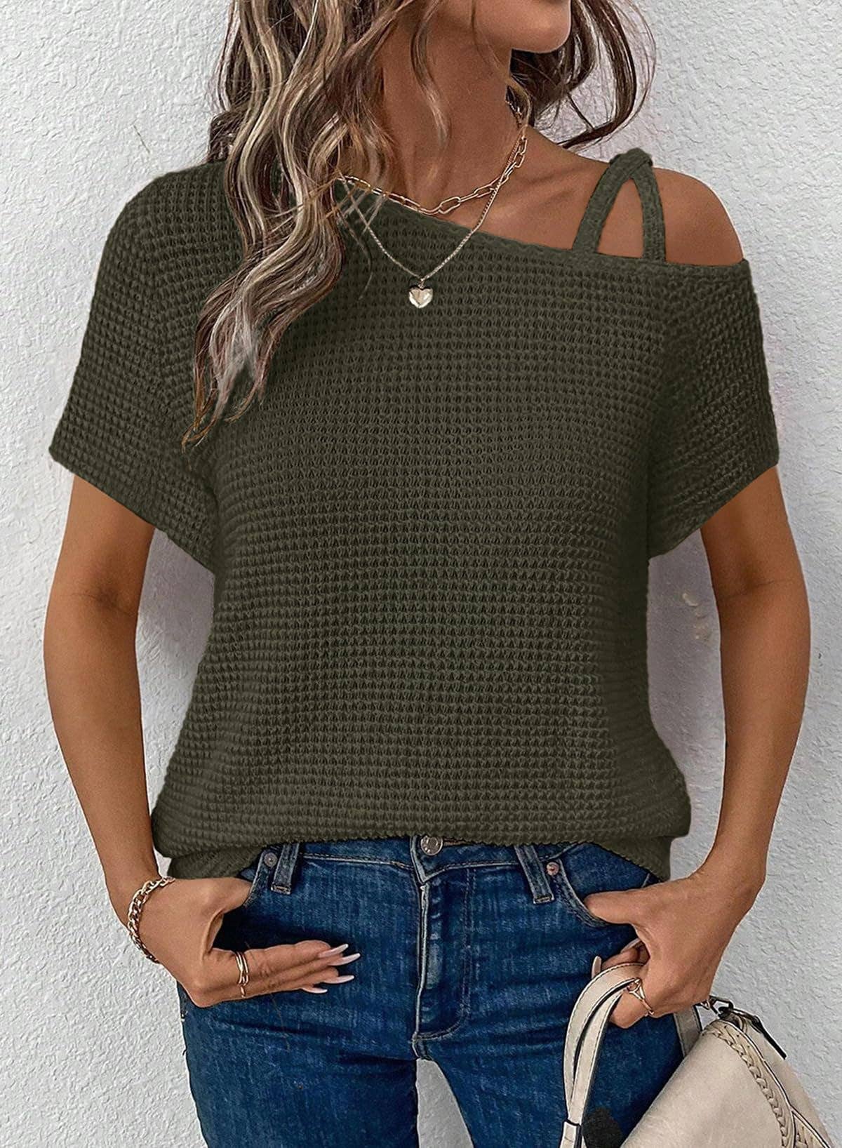 Lily Clothing - Wholesale Shirt - Women's - Short sleeved off-the-shoulder knit T-shirt10