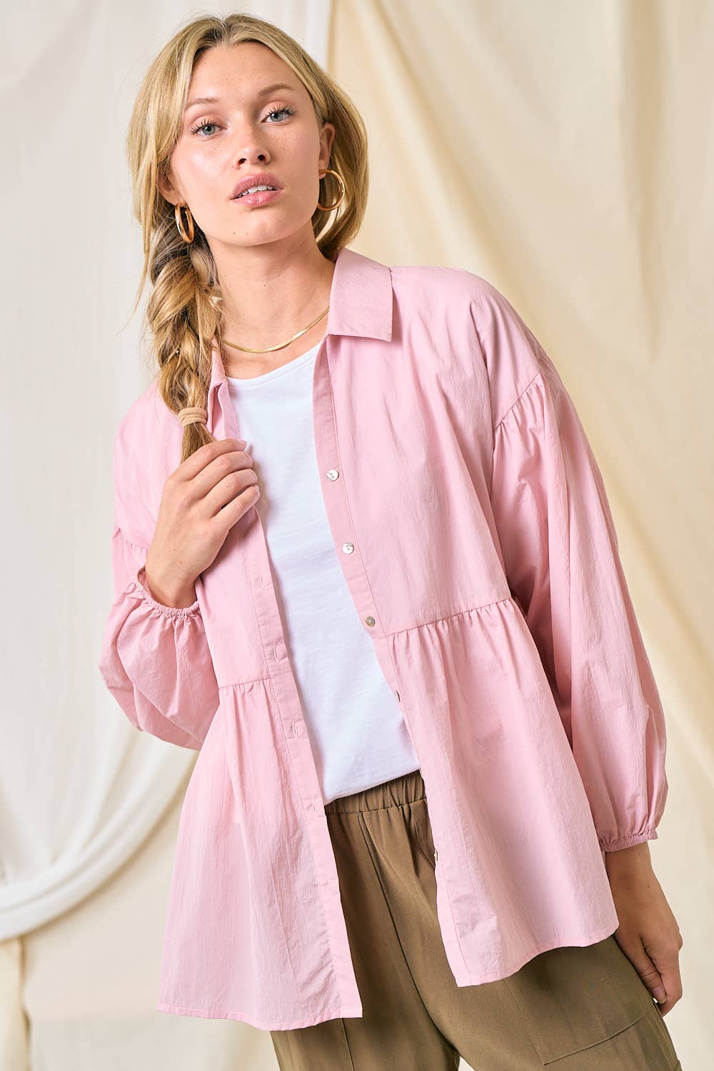 Doe and Rae - Wholesale Button Down Shirt - Women's - Bubble Sleeve Blouse - 42907T5