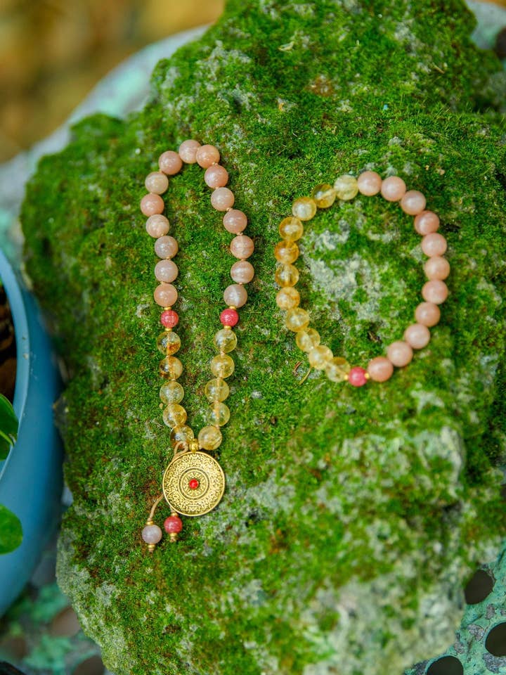 Citrine & Peach Moonstone Pocket Mala and Bracelet 27 Beads for wholesale by Samadhi Mala Beads