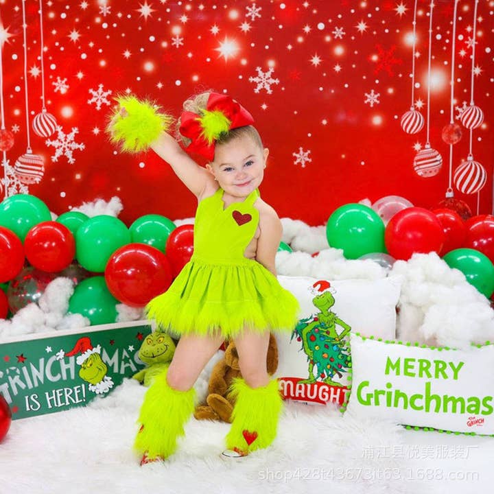 2-9Y Kids Girls Christmas Costume Green Fur Grinch Princess Dress Wholesale Kids Boutique Clothing for wholesale on Faire