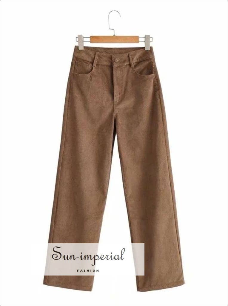 Sun Imperial - Vendita all'ingrosso Pantalone - Donna - Pantaloni donna marroni a vita alta in velluto a coste a gamba larga1
