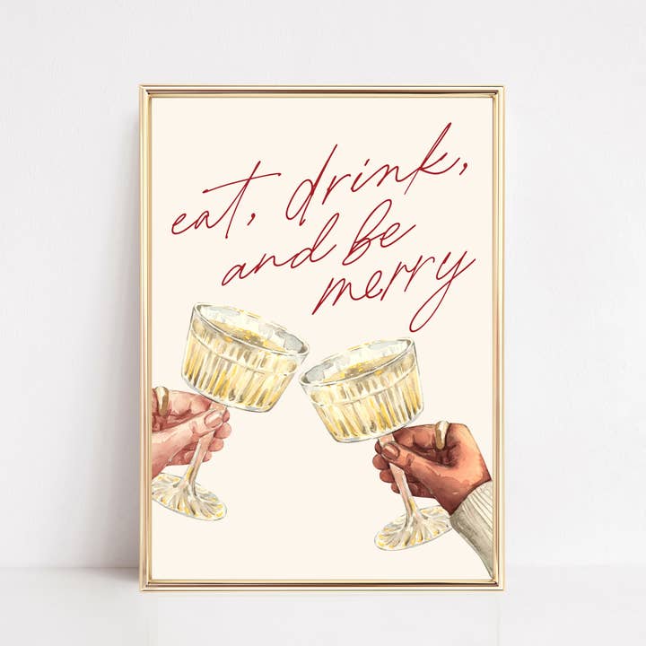 Christmas Wall Art Print | Eat Drink Be Merry Cheers Tan for wholesale by KIKIANDNIM