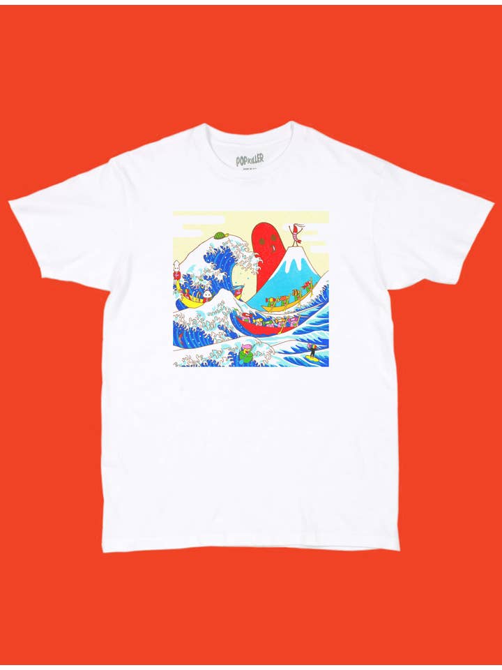 White Popkiller Artist Series Naoshi The Great Octopus Wave Classic T-shirt for wholesale on Faire