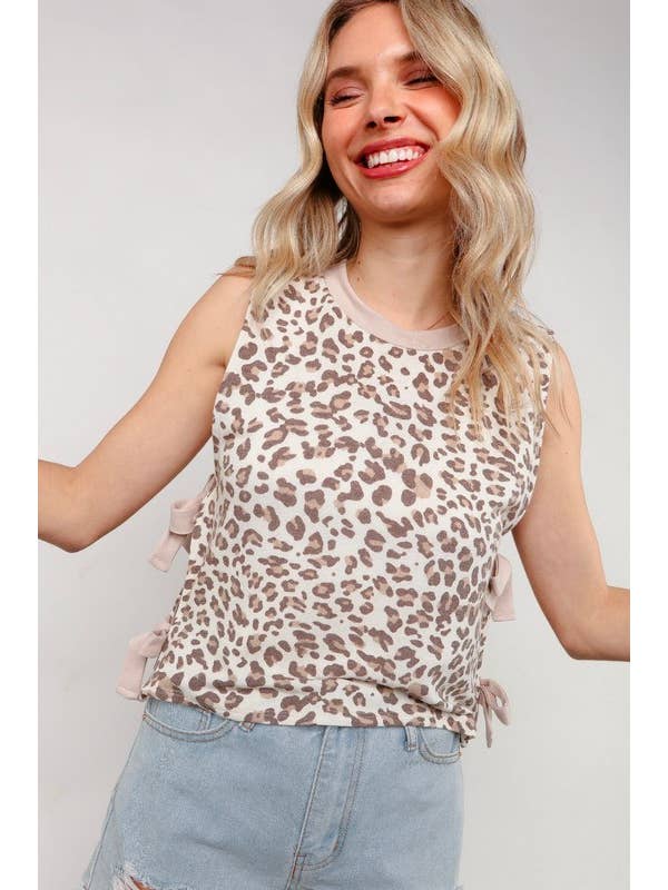 OATMEAL TAUPE Round Neck Leopard Bow Tied Top for wholesale on Faire