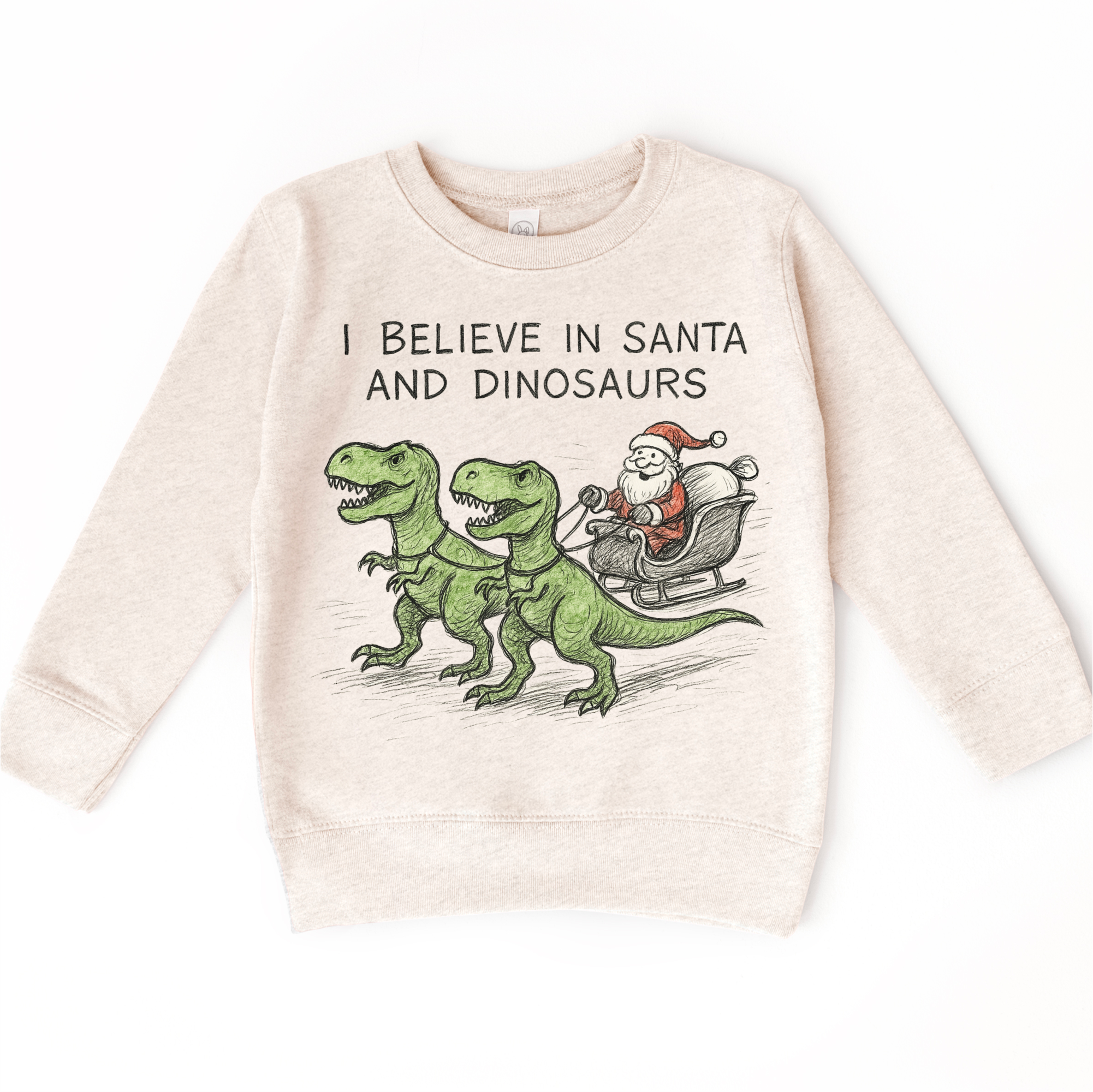 Madi Moosh - Wholesale Screen Printed T-Shirt - Kids - I Believe In Santa And Dinosaurs Christmas T-Shirt - Sketch Art Tee1
