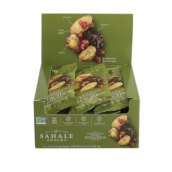 Sahale Pomegranate Flavored Pistachios Glazed Mix 1.5oz 9ct for wholesale by Long Island Candy Factory