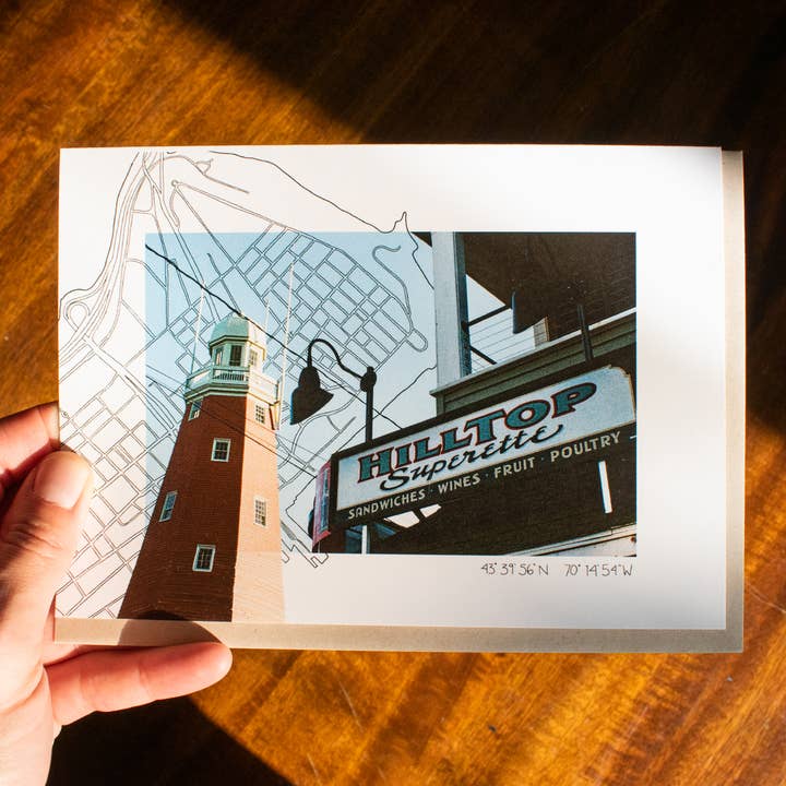 Tarjeta de felicitación A7 con mapa fotográfico de película de Munjoy Hill, Portland, Maine para venta al por mayor de Abby Clark Creative