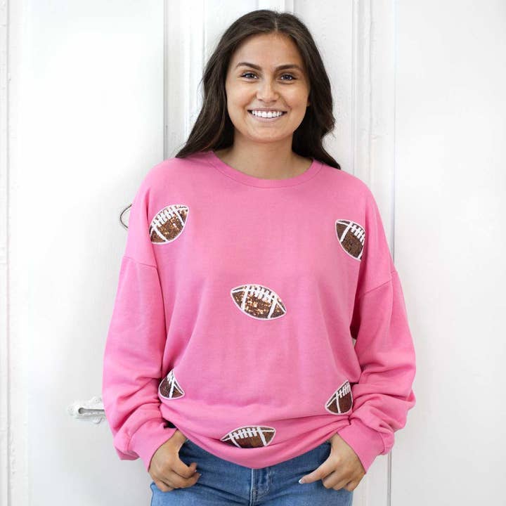 Football Queen Sequin Sweatshirt Pink/Brown/White -Asst. for wholesale by The Royal Standard