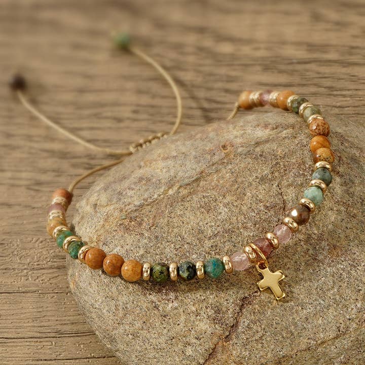 TYPE GOTHIC CROSS NATURAL SEMI-PRECIOUS STONE BRACELET_CWAB4626 for wholesale on Faire