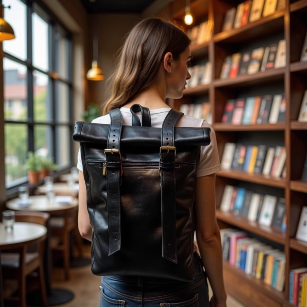 High crafty – wholesale Backpack – Unisex – Urban Black Leather Backpack – Handcrafted Rolltop Design4