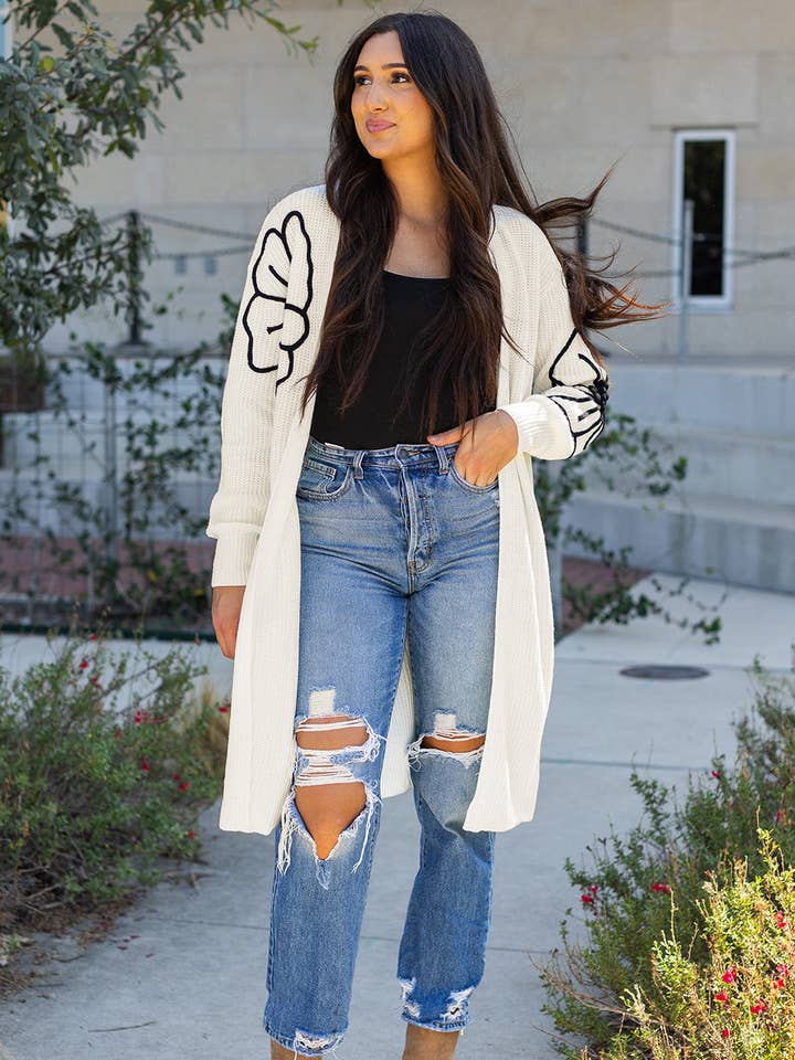 Beige Flower Embroidered Drop Shoulder Open Front Duster Cardigan for wholesale by Lovesoft