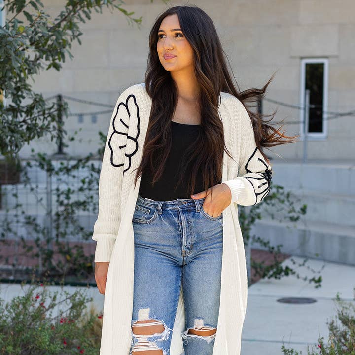 Beige Flower Embroidered Drop Shoulder Open Front Duster Cardigan for wholesale by Azzurro