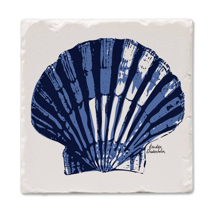 "Indigo Scallop" Single Absorbent Tumbled Tile Coaster for wholesale by CounterArt/Highland Home/Thirstystone/CoasterStone