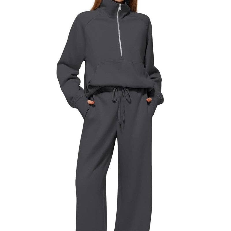 UZ Wholesale Store – wholesale Mjukisset – Dam – Set med halvzip-tröja i ren färg och joggers med vida ben6