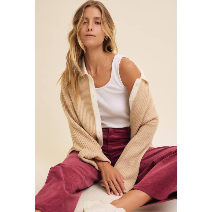 BEIGE TWO TONE RIB SWEATER CARDIGAN WITH CONTRAST COLLAR for wholesale on Faire