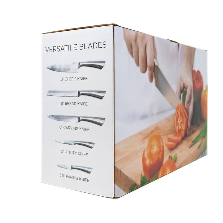 AnySharp - Wholesale Knife set - Upright Stainless-Steel Knife Set with Stand (5 piece)3