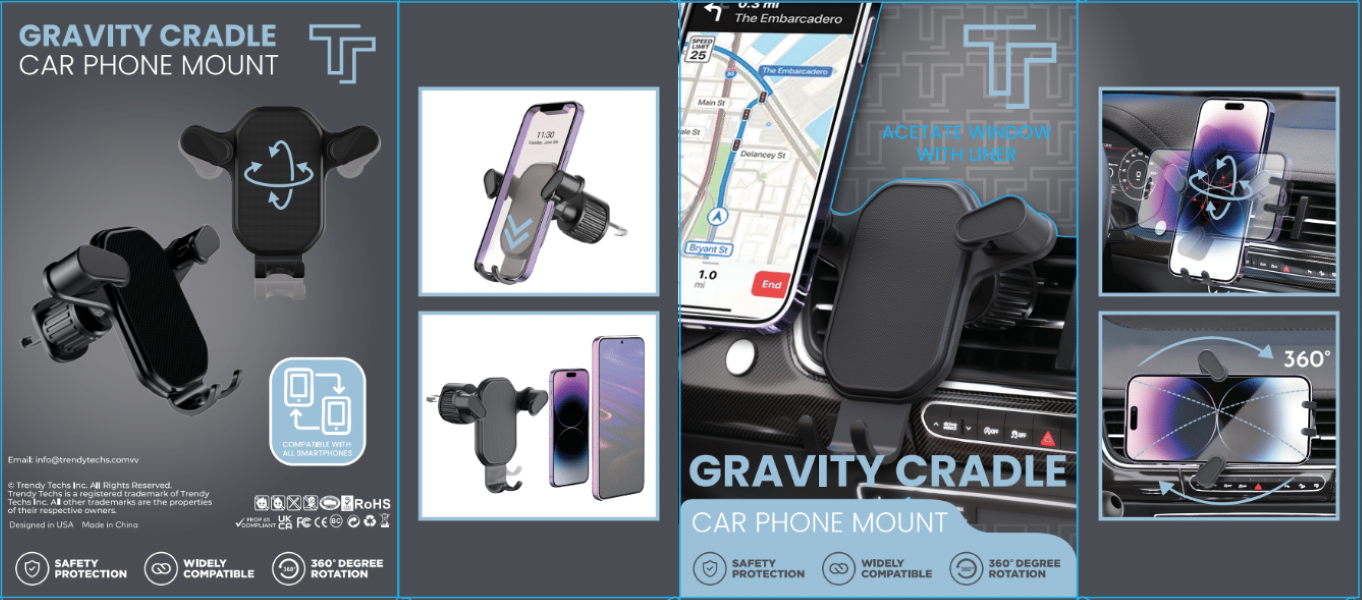 LAX Gadgets – wholesale Stativ för surfplatta – LAX Gravity Cradle bilventilationsfäste med detaljhandelspaket8