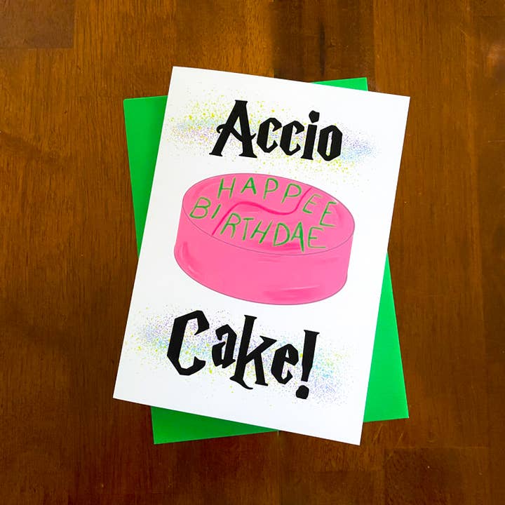 Stone Donut Design, LLC - Wholesale Birthday Card - Accio Cake Harry Potter Birthday Card by stonedonut design