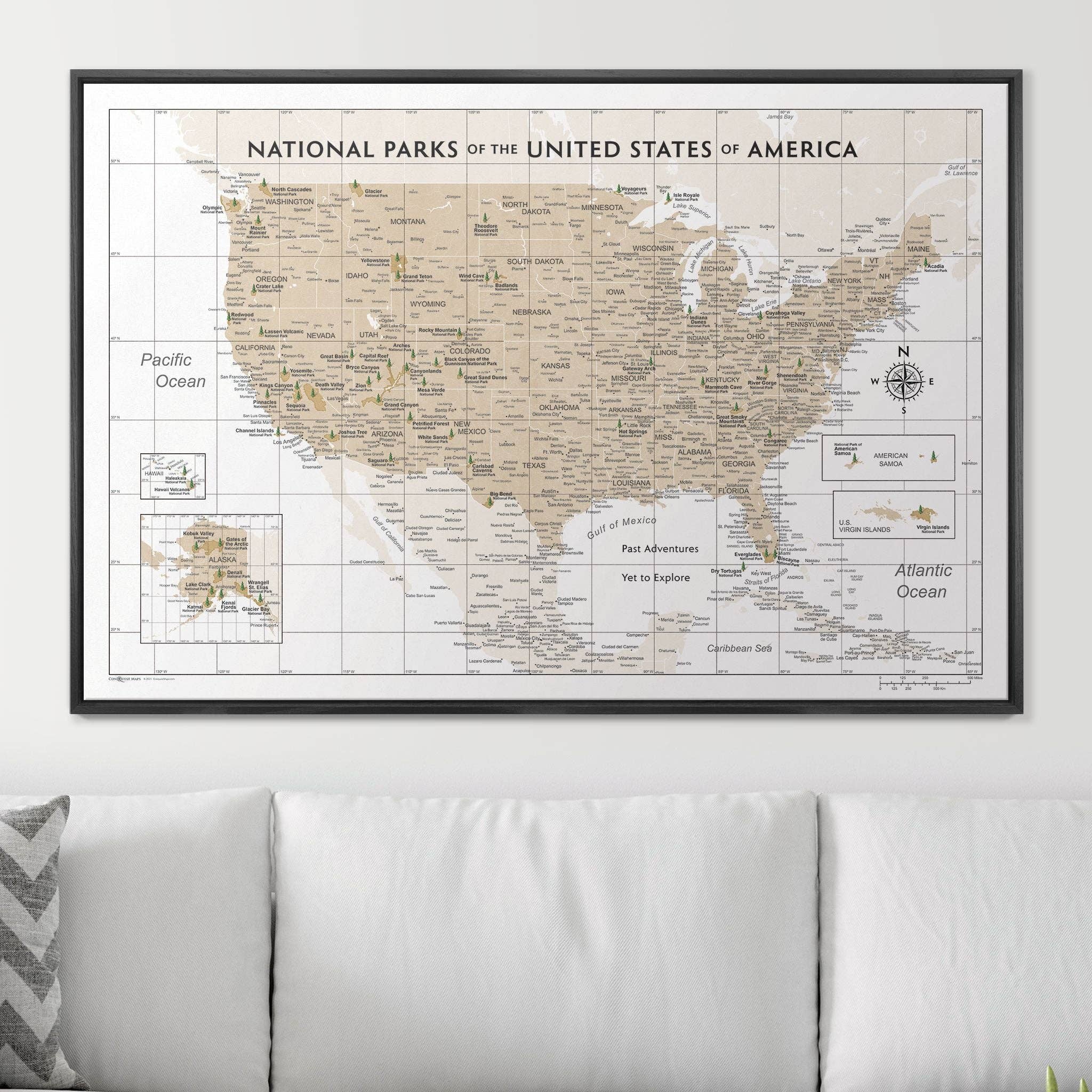 Conquest Maps - Wholesale Map - Push Pin National Parks Map - Light Brown Color Splash - Pins Included!9